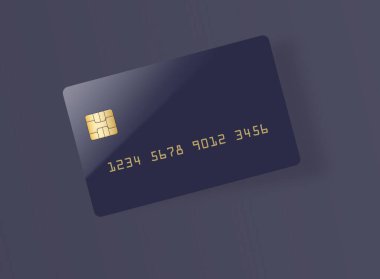 Bu, üzerinde altın bir EMV çipi olan boş bir mavi kredi kartı ya da banka kartı. Metin alanı. Anlaşıldı. Kart açık gri arkaplanda bir gölge bırakıyor.