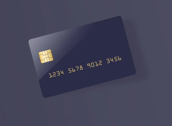 Here is a blank blue credit or debit card with a golden EMV chip. Text area. Copy area.  The card casts a shadow on a light gray background