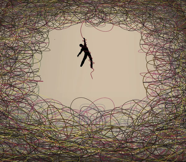 A man hangs on as he is tangled in a chaos of curling tangled colored lines in this illustration.