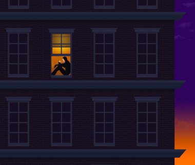 Gece çökerken bir apartman sakini pencere eşiğinde oturuyor. Koronavirüs karantinası sırasında cep telefonuna bakıyor. Bu bir çizim..