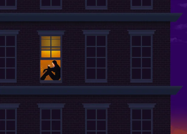 Ein Wohnungsbewohner Sitzt Bei Einbruch Der Dunkelheit Auf Seinem Fensterbrett — Stockfoto