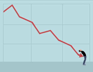 Hisse senedi piyasasındaki düşmekte olan bir ok bir yatırımcıyı kazıklıyor ve kötü finansal piyasalarla ilgili bu resimde bir diğerini yaralamak üzere..