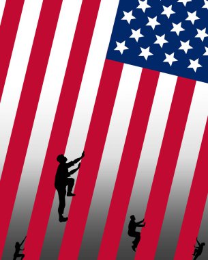 Siluetli figürler yasadışı göçle ilgili bu resimde ABD bayrağının kırmızı çizgilerine tırmanıyor.