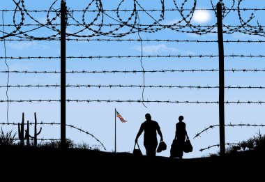 A man and woman are seen in silhouette after breaching a border fence on the southern border of the USA. They have gone through a broken barbed wire fence at mid-day. A USA flag can be seen in the distance. clipart