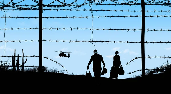 BORDER PATROL- A man and woman with baggage retreat back to the border when they are spotted by a border control helicopter. They entered via a breach in a barbed wire fence and retreat through that same spot.