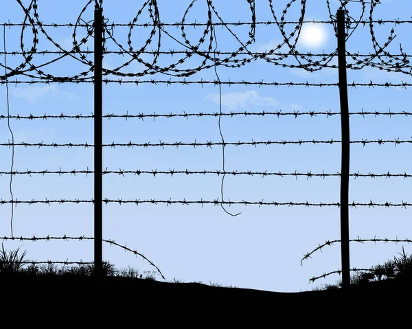Sınır çitlerindeki zayıf bir nokta dikenli telleri keser ve siluetli çitlerin altındaki alanı kazar. Bu yasadışı göçle ilgili bir illüstrasyon..