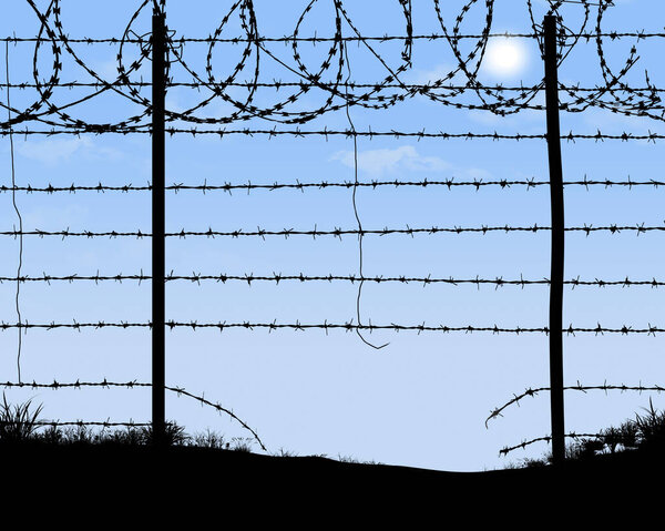 A weak spot in a border fence  is cut barbed wire and dug out area below silhouetted fence. This is an illustration about illegal immigration.