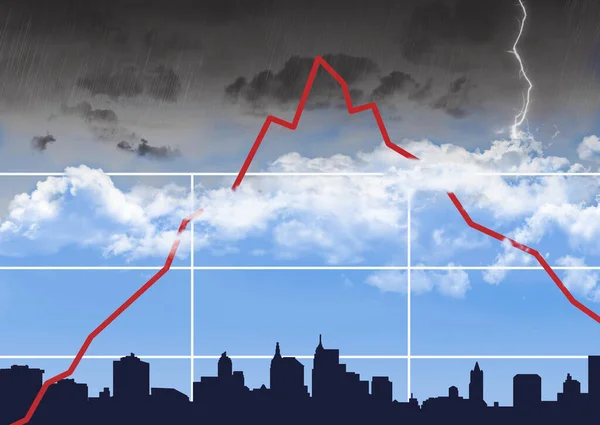 株式市場のチャートが未知の最高の荒天に遭遇し 都市の上の市場のチャートが秋を示しています — ストック写真