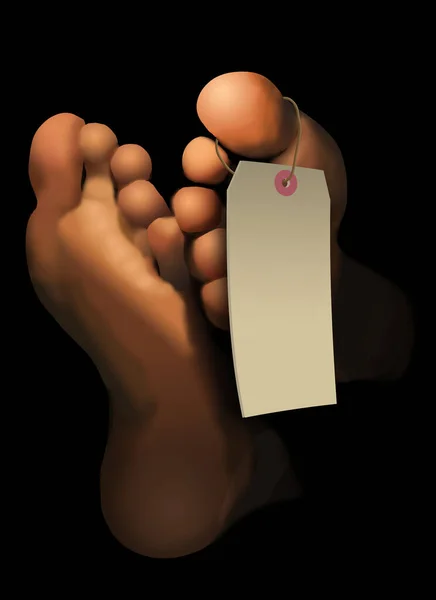 Feet Deceased Person Depicted Illustration Blank Toe Tag Hangs Feet — Stock Photo, Image