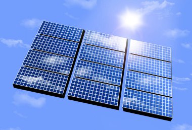 Alternatif enerji güneş panelleri parlak mavi bir gökyüzü ve güneş ve gün ışığıyla görülür..