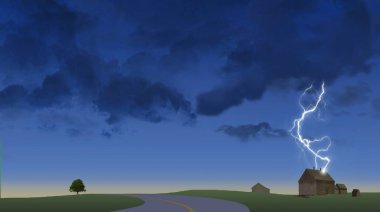 Kırsal bölgedeki çiftlik binalarına yıldırım düştü. Kopya ya ya da başlıklar için boşluk mevcut.