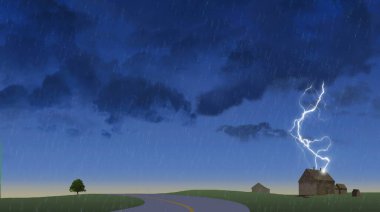 Kırsal bölgedeki çiftlik binalarına yıldırım düştü. Kopya ya ya da başlıklar için boşluk mevcut.