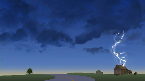 Молния поражает фермерские здания в сельской местности. Место доступно для копирования или заголовков
.