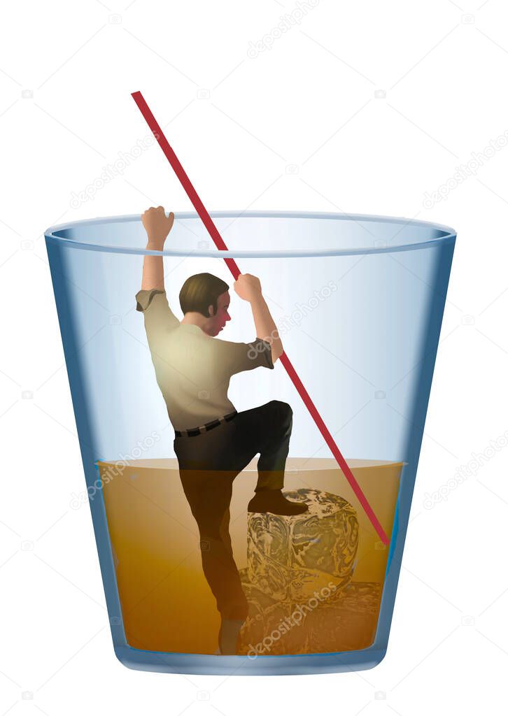 A man with a drinking problem is seen climbing out of a glass of liquor.