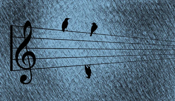 Birds rest on a music staff as if it were overhead wires. One bird is dead and hanging on a wire. It is a metaphor for bad music.