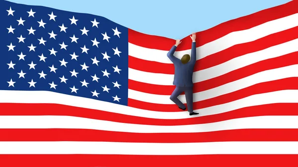Hombre Visto Subiendo Bandera Los Estados Unidos Como Una Escalera — Foto de Stock
