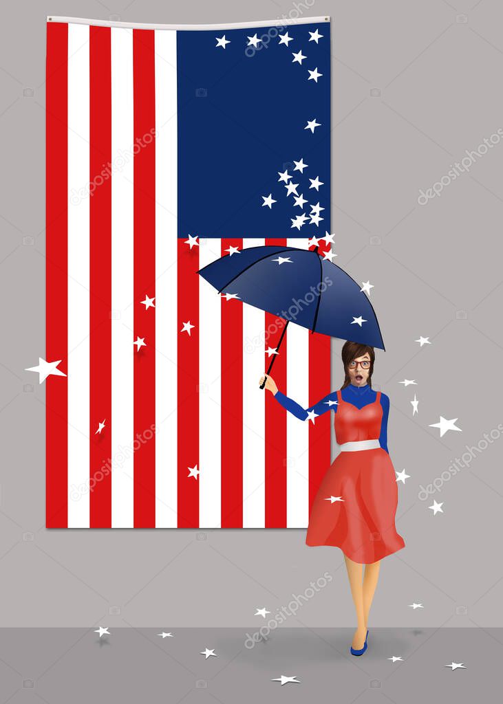 Stars fall from the blue field on a USA flag to symbolize the disruptions to states from covid-19, riots and more. A woman with an umbrella is showered by the falling stars.