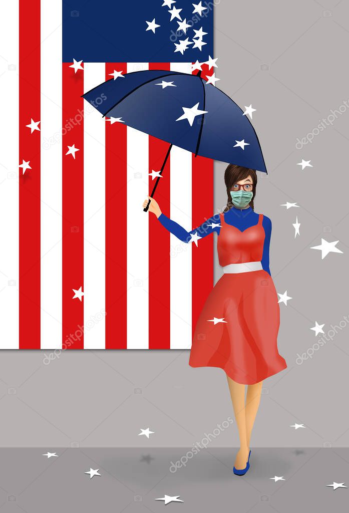 The disruption caused to states in the USA by cover-19 is illustrated with stars falling off of the U.S. flag. The stars falls on a woman with an umbrella and wearing a surgical mask for protection.