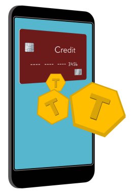 A virtual credit card is seen on a phone screen as token float off the screen to pay for a transaction in this illustration about tokenization of credit accounts. clipart
