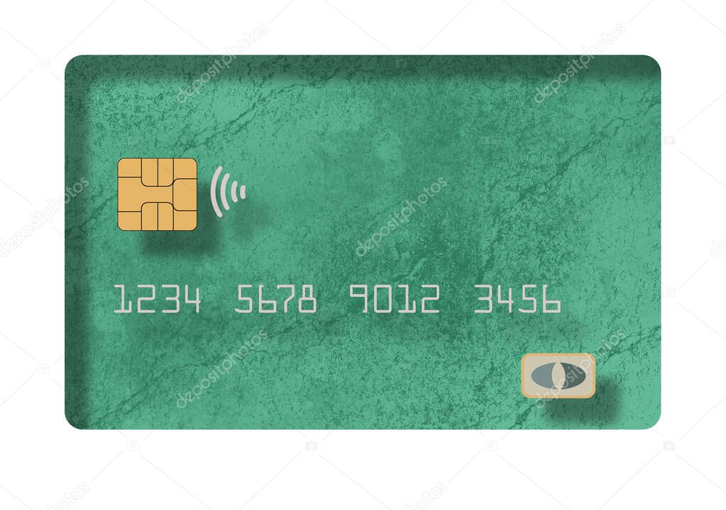 A green credit card with grunge texture is seen in floating 3-D style that appears to be a hole cut in the background. The card appears to be behind the page. Text area.