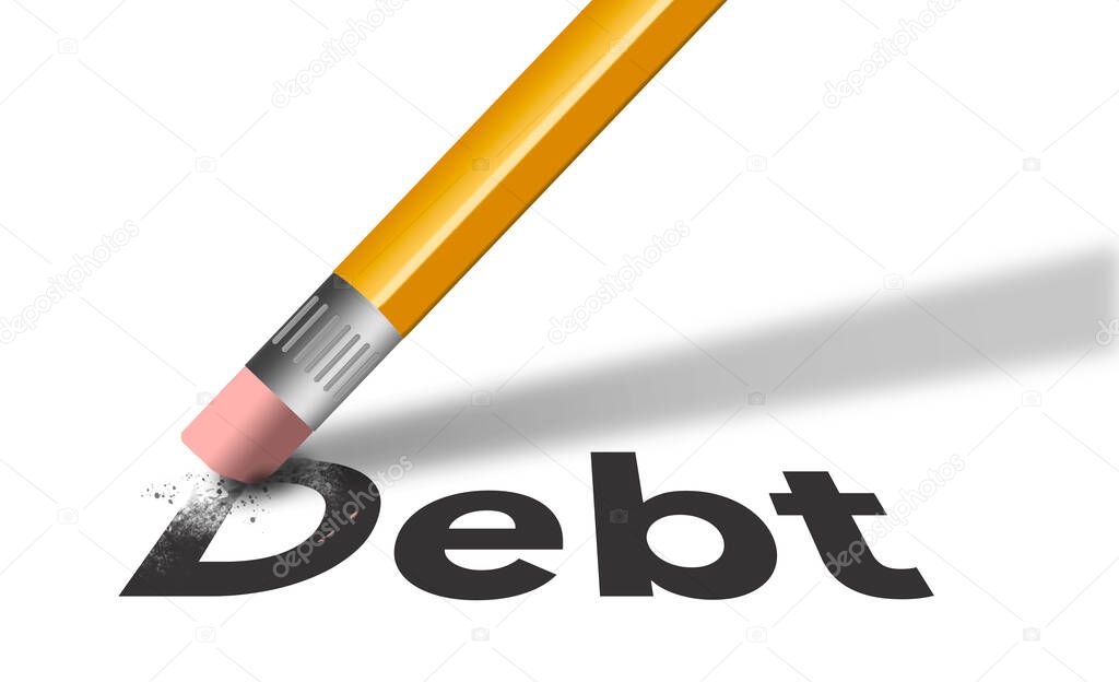 A yellow pencil with a red rubber eraser is seen erasing the word Debt from a piece of paper in this illustraton about reducing your debt.