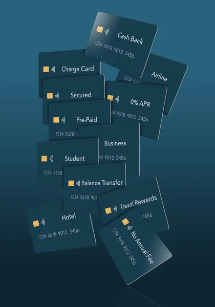 Twelve types of credit cards. All are blue with EMV chip and a tap to pay icon. Types: cash back, travel, no fee, airline, hotel, 0%APR, balance transfer, student, business, pre-paid, secured & charge