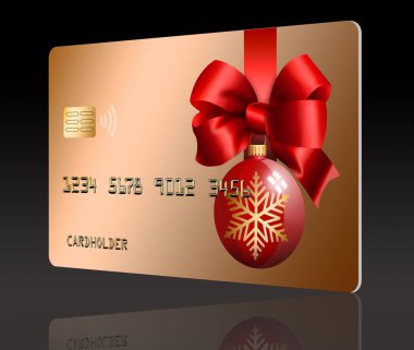 Camdan bir Noel süsü ve kırmızı bir kurdele ve fiyonk bu üç boyutlu illüstrasyonda genel bir sahte tatil kartı oluşturur.