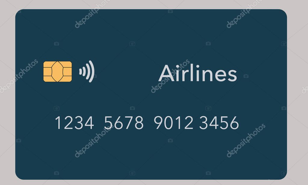 An airline credit card is seen isolated on a light background. It is a mock or generic card. It is one about a dozen different types of credit cards available.