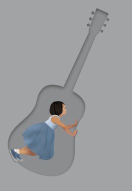 Küçük bir kız sanki oyun parkında çalıyormuş gibi gitarın üzerinde çalıyor. Bu, çocukları müzikle tanıştırma fikrini gözler önüne seriyor..