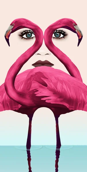 Zwei Rosa Flamingos Umrahmen Augen Und Gesicht Einer Jungen Frau — Stockfoto