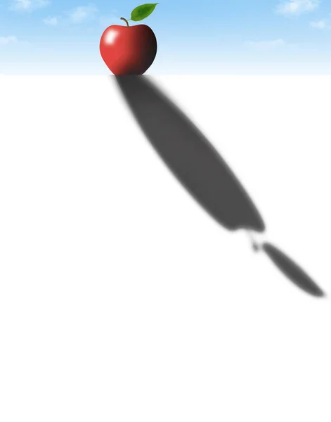 この図では 赤いリンゴがコピースペースの白い部分に影を投げかけます — ストック写真