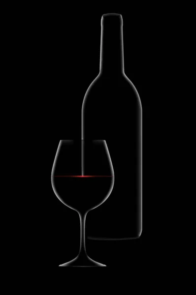 A dramatic rim light outlines a bottle and glass of red wine with light sparkling on the surface of the wine