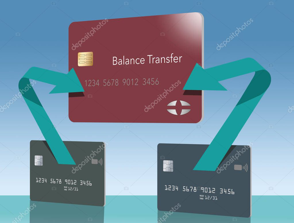 Arrows show the path of money from two credit cards being transferred to one lower rate card. Red, green and blue cards are on a white background.