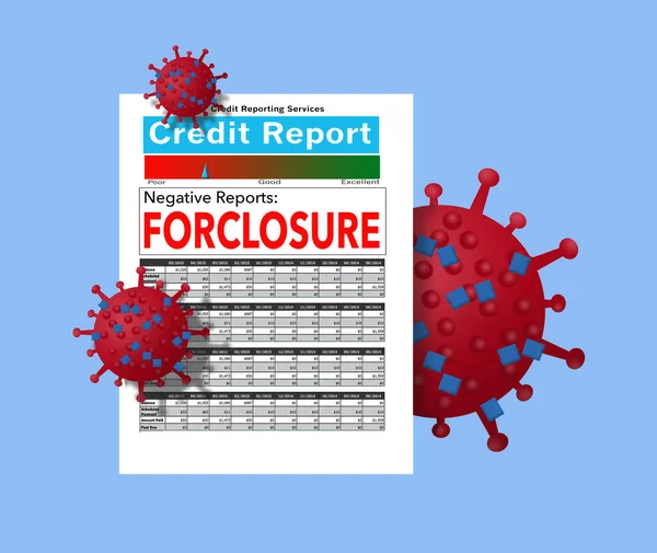 A credit reports with forclosure written in big letters is covered with Covid-19 cells. Further away is a credit report unaffected by the virus.