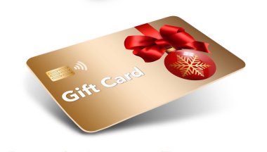 Beyaz arka planda altın bir Noel hediyesi kartı görülüyor