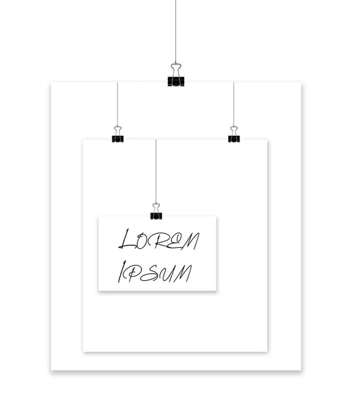 文字列にぶら下がっているバックスチール紙クランプは コピーや芸術のためのユニークなフレームを形成する紙の白いシートを保持しています ロレムIpsumエリア利用可能 — ストック写真