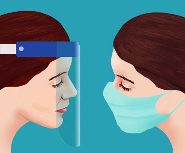Solda bir kadın, koronavirüsten korunmak için sağda cerrahi maske takıyor..