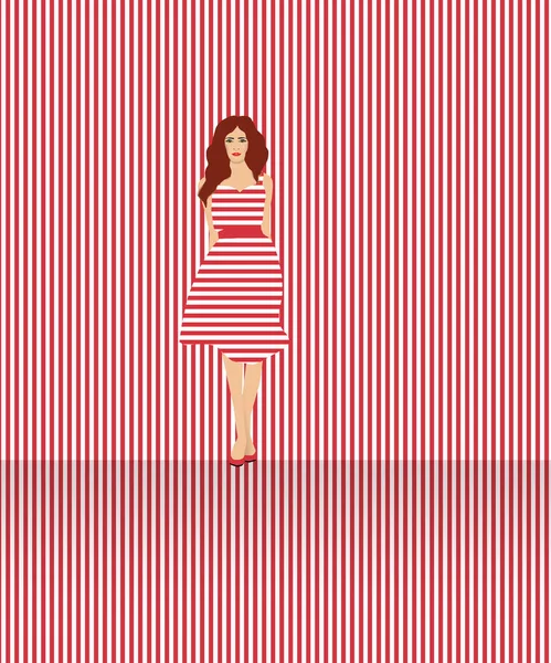 Mladá Žena Oblečena Červené Bílé Pruhované Šaty Které Odpovídají Červené — Stock fotografie
