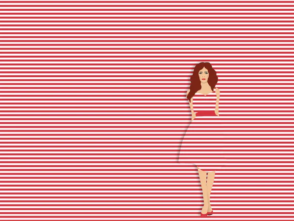 Una Mujer Joven Está Vestida Con Vestido Rayas Rojas Blancas — Foto de Stock
