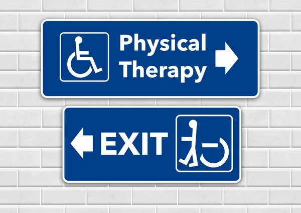 A wheelchair accessible sign points the way to physical therapy and pointing the other way toward the exit is a person standing in a wheelchair sign.