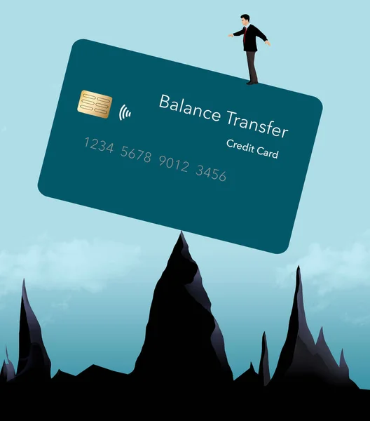 山の峰でバランスの取れた乗り換えクレジットカードの上に男が立っている イラストはクレジットカードの残高と振替についてです — ストック写真