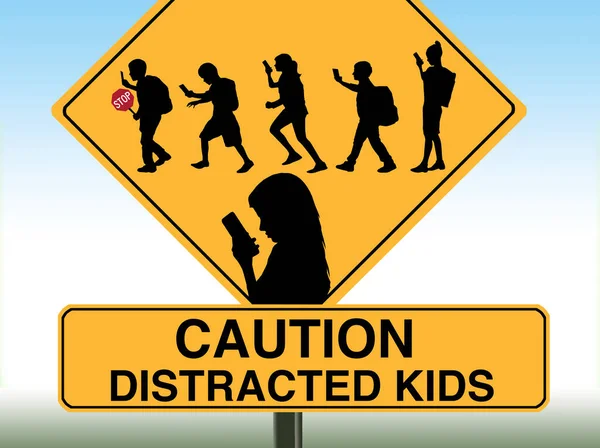 Ein Schulwegschild Zeigt Silhouetten Von Kindern Mit Mobiltelefonen — Stockfoto