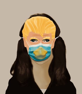 Bir kadın Donald Trump topal ördek maskesi takıyor ve içinde cerrahi maske var.. 