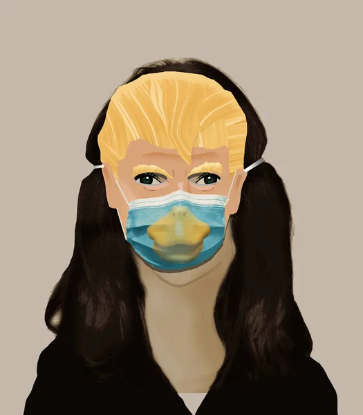 女性はデザインに含まれて外科マスクとドナルド トランプラメアヒルハロウィンマスクを身に着けています — ストック写真