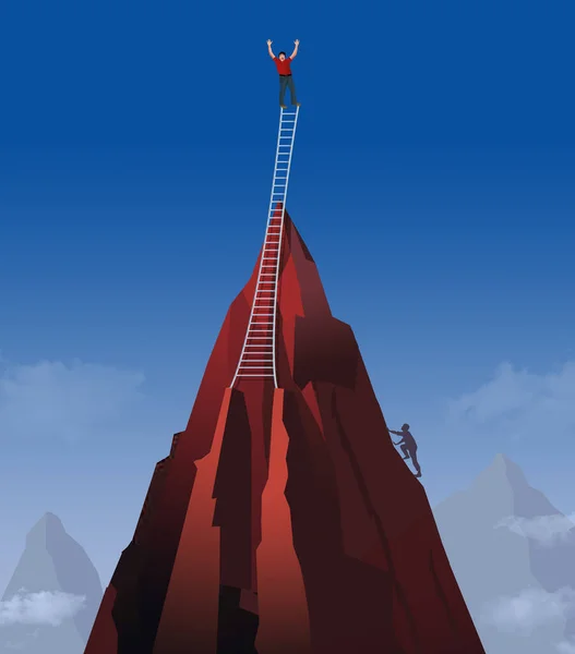 Egy Ember Felmászik Egy Hegycsúcsra Ezen Képen Majd Még Magasabbra — Stock Fotó