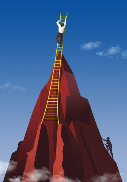 A man climbs to a  mountain peak in this 3-D image then goes even higher using a ladder. Illustrates over achievers who exceed expectations.