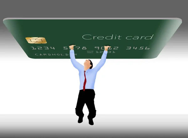 男はクレジットカードの負債を表す巨大なクレジットカードを保持するために苦労 — ストック写真