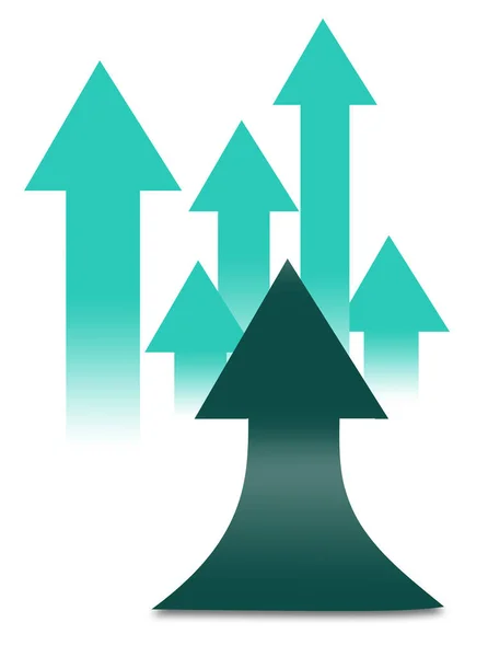 Cyan, aqua and green arrows point upward in this 3-d image of flat arrows with one upcurving arrow.