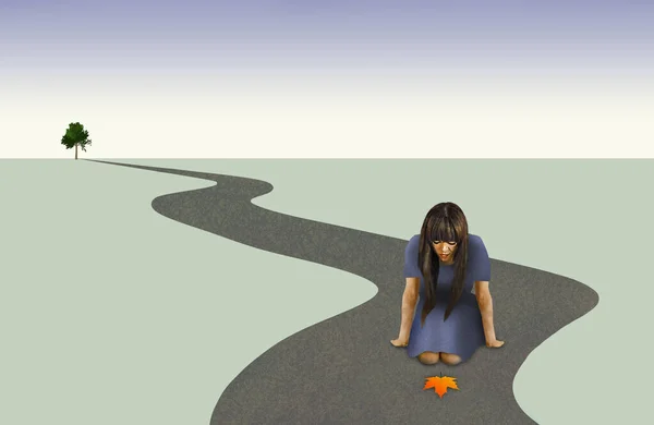 A woman looks at colorful maple leaf on a road that is winding to the horizon on a barren plain with only one green tree standing in the distance. Illustrates idea of inevitable changes coming.