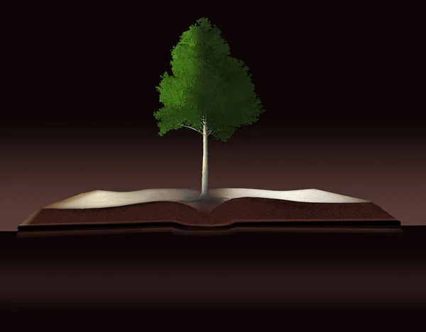 Dendrology, the study of trees is illustrated with a tree growing out of a book. Also illustrates the tree of knowledge and sustainability of wood.